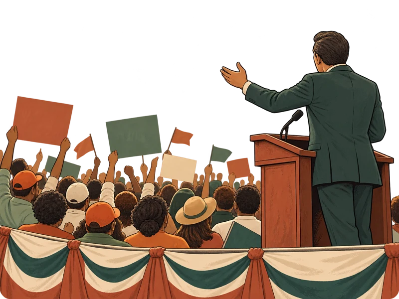 Conceptual illustration of a fictional politician addressing a rally