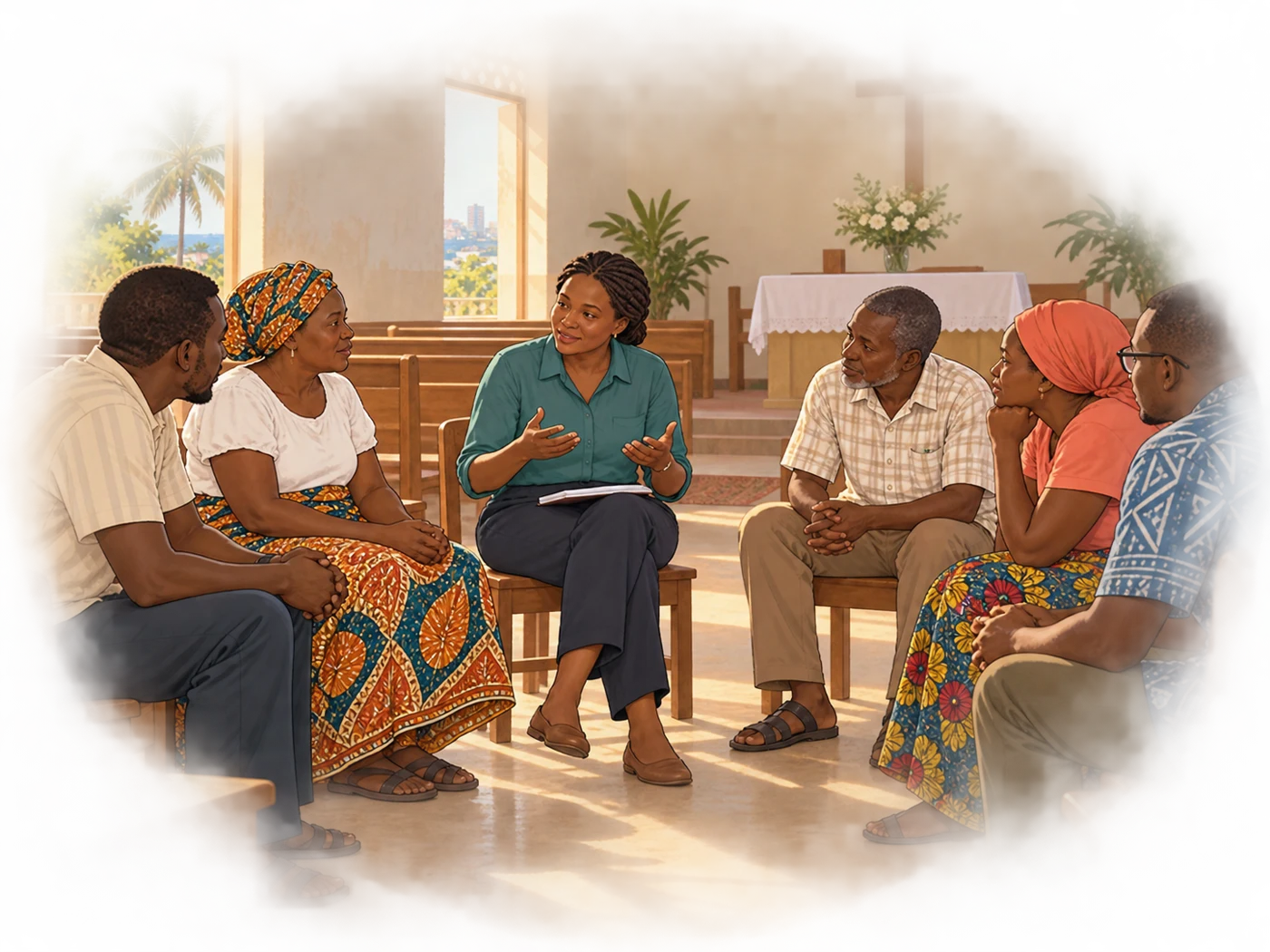 Illustration of a community dialogue in a church in Maputo