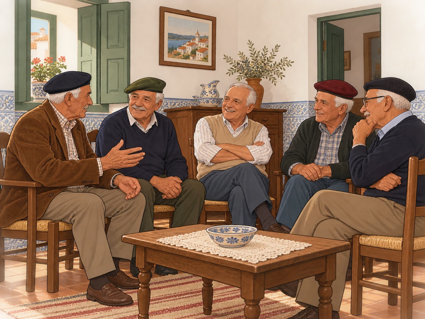 Illustration of Portuguese veterans discussing in a room